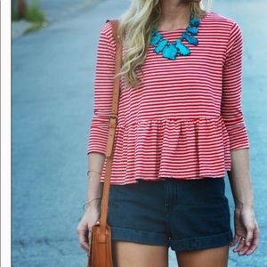 Free People Striped Peplum 3/4 Sleeve Top Shirt